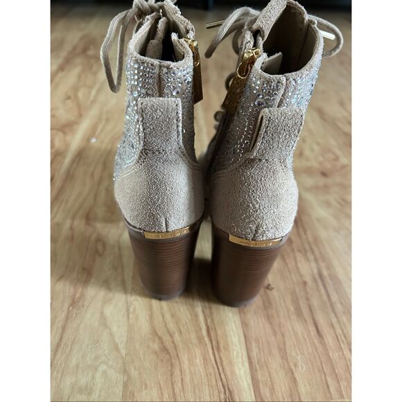 Michael Kors tan chunky heel sparkly boots leather suede size 6M New combat - Picture 5 of 7